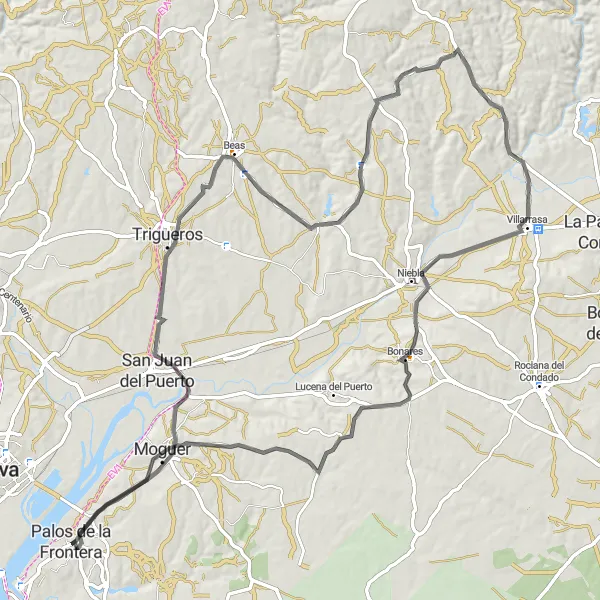 Map miniature of "Palos - Moguer Loop" cycling inspiration in Andalucía, Spain. Generated by Tarmacs.app cycling route planner