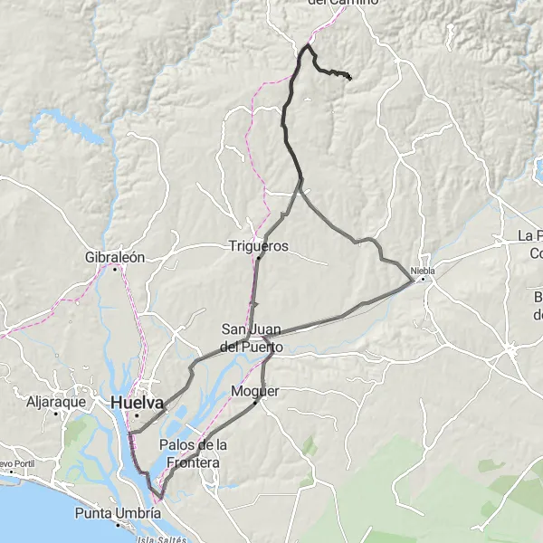 Miniatura della mappa di ispirazione al ciclismo "Rotta ciclistica costiera da Palos de la Frontera" nella regione di Andalucía, Spain. Generata da Tarmacs.app, pianificatore di rotte ciclistiche