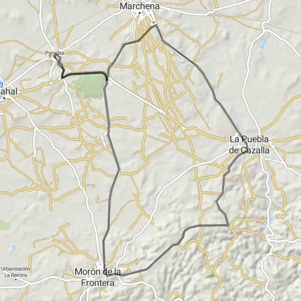 Miniature de la carte de l'inspiration cycliste "La Puebla de Cazalla - Paradas Road Cycling Route" dans la Andalucía, Spain. Générée par le planificateur d'itinéraire cycliste Tarmacs.app