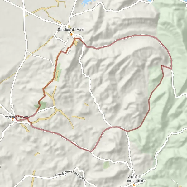 Miniatura della mappa di ispirazione al ciclismo "Paterna de Rivera - San José del Valle - Gigonza" nella regione di Andalucía, Spain. Generata da Tarmacs.app, pianificatore di rotte ciclistiche