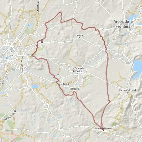 Miniatura della mappa di ispirazione al ciclismo "Percorso gravel da Paterna de Rivera a Junta de los Ríos" nella regione di Andalucía, Spain. Generata da Tarmacs.app, pianificatore di rotte ciclistiche