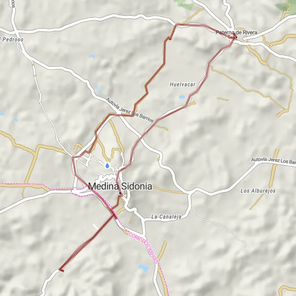Miniatura della mappa di ispirazione al ciclismo "Paterna de Rivera - Vistas - Medina Sidonia" nella regione di Andalucía, Spain. Generata da Tarmacs.app, pianificatore di rotte ciclistiche
