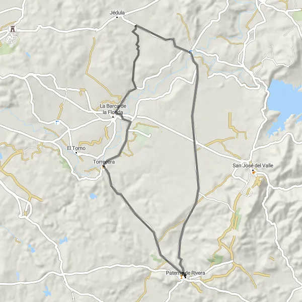 Miniatura della mappa di ispirazione al ciclismo "Giro in bicicletta da Paterna de Rivera a Junta de los Ríos" nella regione di Andalucía, Spain. Generata da Tarmacs.app, pianificatore di rotte ciclistiche