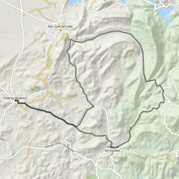 Miniatuurkaart van de fietsinspiratie "Wegen van Flamenco en Natuur rond Paterna de Rivera" in Andalucía, Spain. Gemaakt door de Tarmacs.app fietsrouteplanner