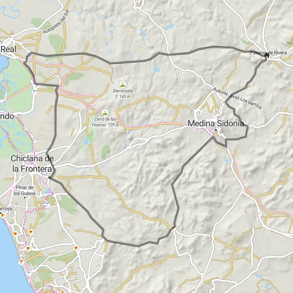 Miniatura della mappa di ispirazione al ciclismo "Paterna de Rivera - Pago del Humo - Barrio de Jarana" nella regione di Andalucía, Spain. Generata da Tarmacs.app, pianificatore di rotte ciclistiche