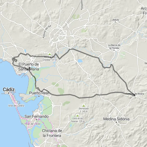 Karten-Miniaturansicht der Radinspiration "Panorama-Tour um Paterna de Rivera" in Andalucía, Spain. Erstellt vom Tarmacs.app-Routenplaner für Radtouren