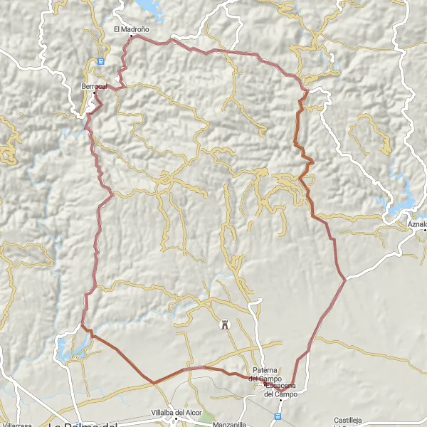 Miniaturní mapa "Challenging Gravel Adventure from Paterna del Campo" inspirace pro cyklisty v oblasti Andalucía, Spain. Vytvořeno pomocí plánovače tras Tarmacs.app