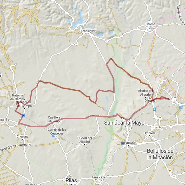 Karten-Miniaturansicht der Radinspiration "Gravelroute nach Castilleja del Campo" in Andalucía, Spain. Erstellt vom Tarmacs.app-Routenplaner für Radtouren
