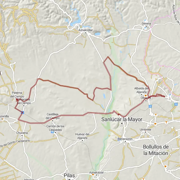 Map miniature of "Gravel Adventure through Escacena del Campo" cycling inspiration in Andalucía, Spain. Generated by Tarmacs.app cycling route planner