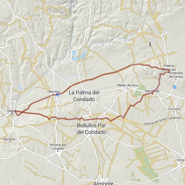 Miniatura mapy "Trasa gravelowa przez Manzanillę, Castillo de Niebla, Villarrasa i Paterna del Campo" - trasy rowerowej w Andalucía, Spain. Wygenerowane przez planer tras rowerowych Tarmacs.app