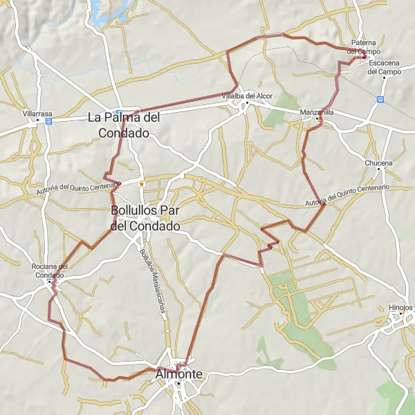 Miniaturní mapa "Gravel cyklistická trasa od Paterna del Campo do Manzanilla" inspirace pro cyklisty v oblasti Andalucía, Spain. Vytvořeno pomocí plánovače tras Tarmacs.app