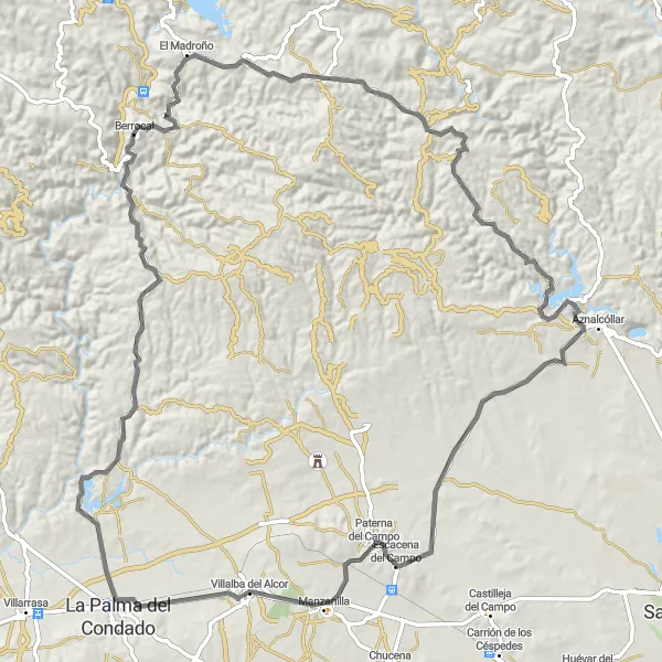 Miniatura mapy "Trasa rowerowa przez La Palma del Condado, Berrocal, El Madroño, Aznalcóllar i Escacena del Campo" - trasy rowerowej w Andalucía, Spain. Wygenerowane przez planer tras rowerowych Tarmacs.app