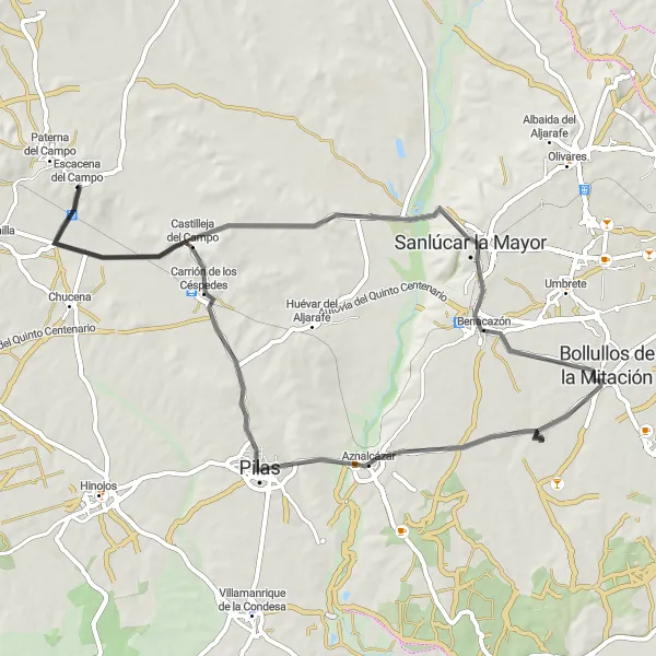 Karten-Miniaturansicht der Radinspiration "Ruta de Las Doblas y Pilas" in Andalucía, Spain. Erstellt vom Tarmacs.app-Routenplaner für Radtouren
