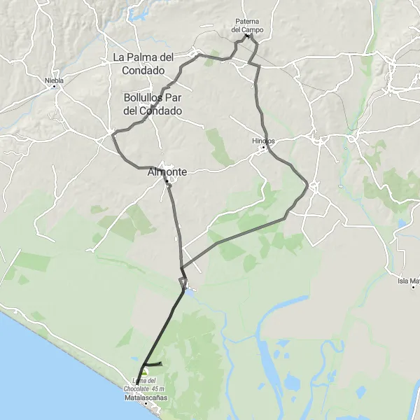 Miniature de la carte de l'inspiration cycliste "La Route des Marais" dans la Andalucía, Spain. Générée par le planificateur d'itinéraire cycliste Tarmacs.app