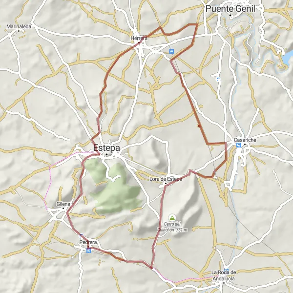 Miniaturní mapa "Gravel cyklotrasa Palacio de los Marqueses de Cerverales - Cerro del Guinchón" inspirace pro cyklisty v oblasti Andalucía, Spain. Vytvořeno pomocí plánovače tras Tarmacs.app