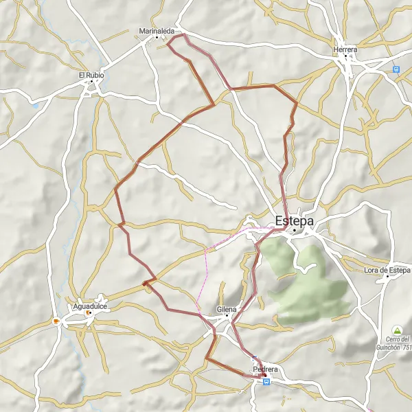 Miniatura della mappa di ispirazione al ciclismo "Esplorazione Gravel di Marinaleda" nella regione di Andalucía, Spain. Generata da Tarmacs.app, pianificatore di rotte ciclistiche