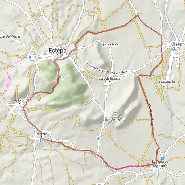 Miniatuurkaart van de fietsinspiratie "Gravelpad naar Gilena en La Roda de Andalucía" in Andalucía, Spain. Gemaakt door de Tarmacs.app fietsrouteplanner