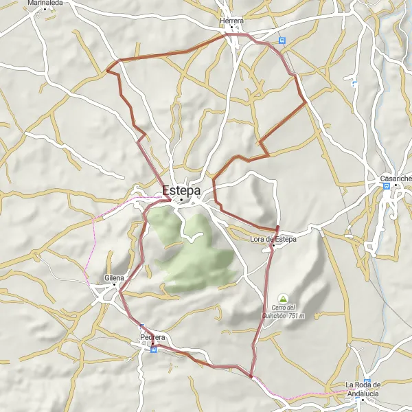Miniaturní mapa "Gravel cyklotrasa Palacio de los Marqueses de Cerverales - Lora de Estepa" inspirace pro cyklisty v oblasti Andalucía, Spain. Vytvořeno pomocí plánovače tras Tarmacs.app