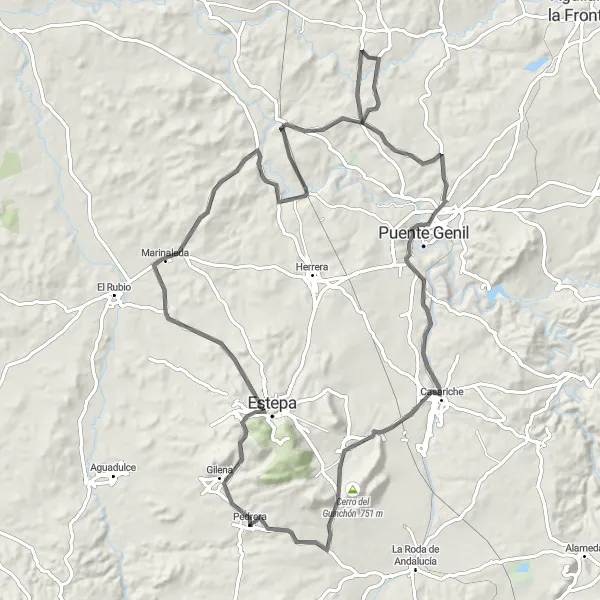 Miniatura della mappa di ispirazione al ciclismo "Giro in bici tra Pedrera" nella regione di Andalucía, Spain. Generata da Tarmacs.app, pianificatore di rotte ciclistiche