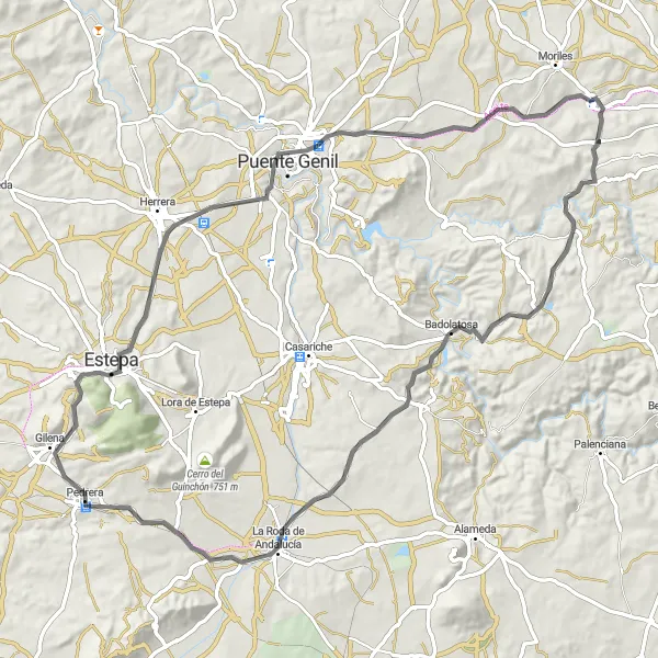 Miniature de la carte de l'inspiration cycliste "Parcours vers Navas del Selpillar" dans la Andalucía, Spain. Générée par le planificateur d'itinéraire cycliste Tarmacs.app