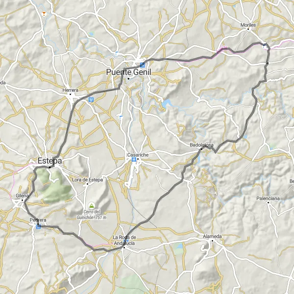 Miniatuurkaart van de fietsinspiratie "Uitdagende roadtrip naar Puente Genil en Badolatosa" in Andalucía, Spain. Gemaakt door de Tarmacs.app fietsrouteplanner