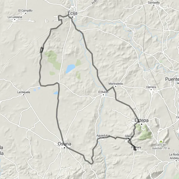 Map miniature of "Pedrera to Aguadulce Round-trip Cycling Route" cycling inspiration in Andalucía, Spain. Generated by Tarmacs.app cycling route planner