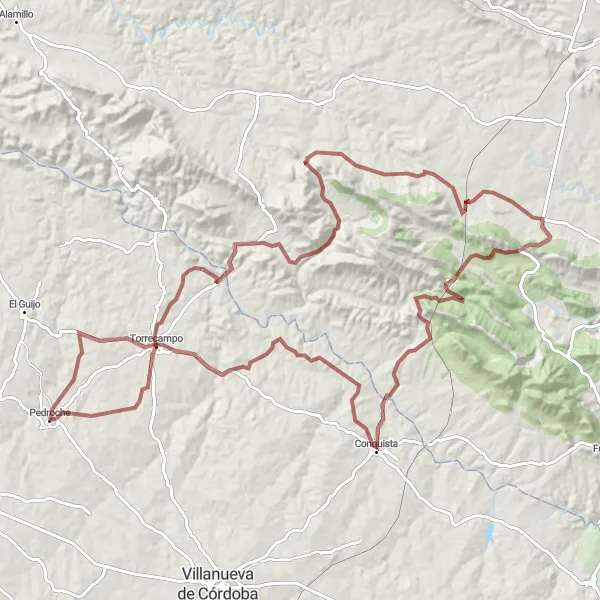 Miniaturní mapa "Gravelová trasa kolem Pedroche (štěrk)" inspirace pro cyklisty v oblasti Andalucía, Spain. Vytvořeno pomocí plánovače tras Tarmacs.app