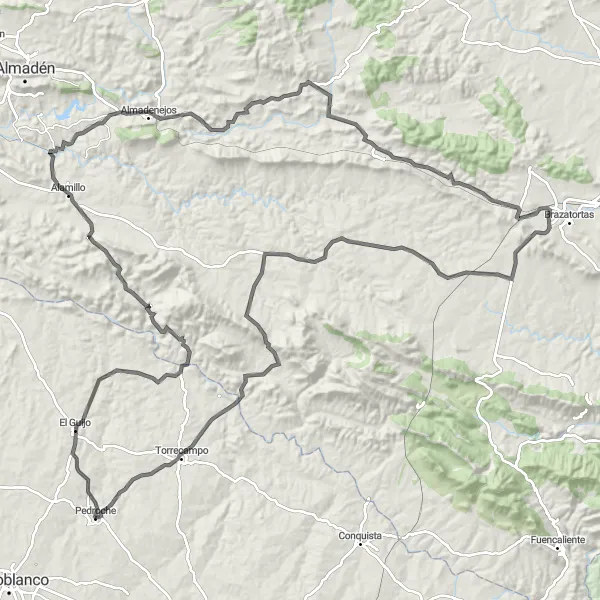 Miniaturní mapa "Okružní trasa kolem Pedroche (silnice)" inspirace pro cyklisty v oblasti Andalucía, Spain. Vytvořeno pomocí plánovače tras Tarmacs.app