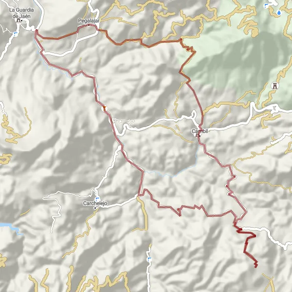 Miniatua del mapa de inspiración ciclista "Ruta de las Sierras y Caminos de Tierra" en Andalucía, Spain. Generado por Tarmacs.app planificador de rutas ciclistas
