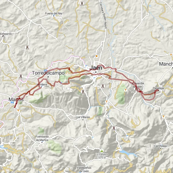 Miniature de la carte de l'inspiration cycliste "Boucle de Monts et Vallées" dans la Andalucía, Spain. Générée par le planificateur d'itinéraire cycliste Tarmacs.app