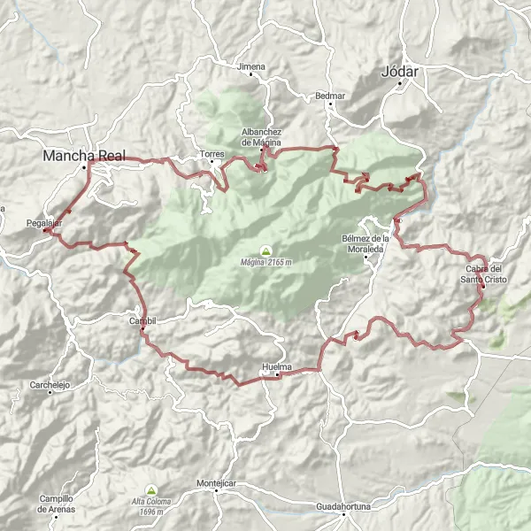 Miniatua del mapa de inspiración ciclista "Ruta de las Montañas y Caminos de Grava" en Andalucía, Spain. Generado por Tarmacs.app planificador de rutas ciclistas