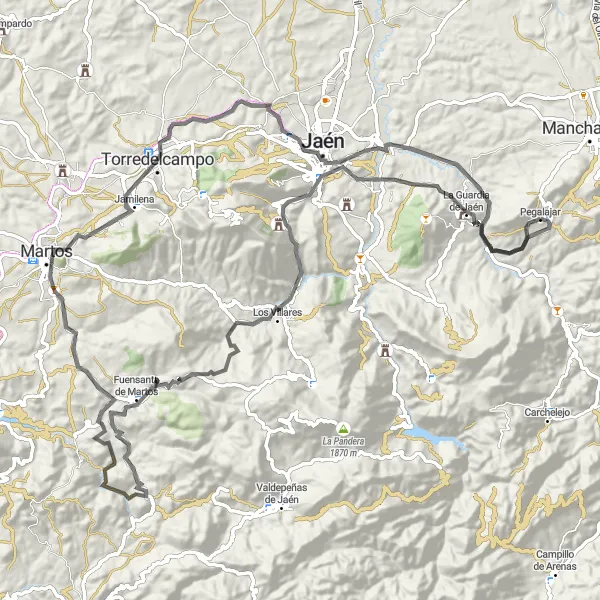 Miniatua del mapa de inspiración ciclista "Ruta de los Pueblos Blancos y Olivos" en Andalucía, Spain. Generado por Tarmacs.app planificador de rutas ciclistas