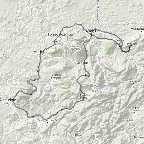 Miniatua del mapa de inspiración ciclista "Ruta por Carretera a Jaén" en Andalucía, Spain. Generado por Tarmacs.app planificador de rutas ciclistas