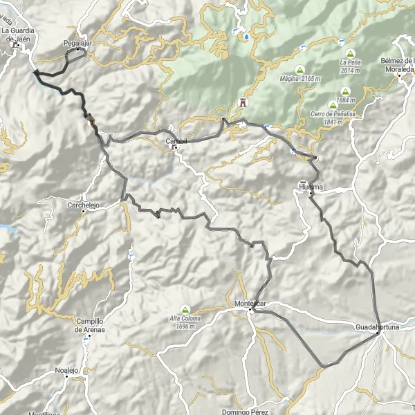 Miniatua del mapa de inspiración ciclista "Ruta Escénica por Carretera" en Andalucía, Spain. Generado por Tarmacs.app planificador de rutas ciclistas