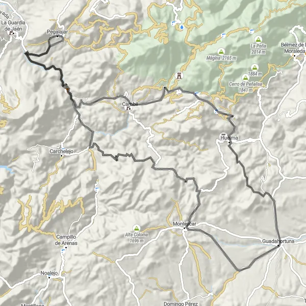 Miniature de la carte de l'inspiration cycliste "Route des Villages Blancs" dans la Andalucía, Spain. Générée par le planificateur d'itinéraire cycliste Tarmacs.app