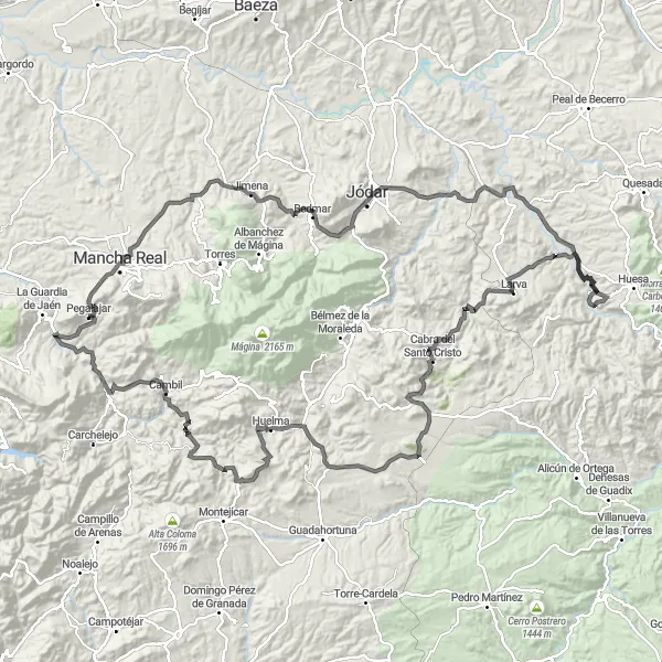 Miniaturní mapa "Zážitek z Jódar do Arbuniel" inspirace pro cyklisty v oblasti Andalucía, Spain. Vytvořeno pomocí plánovače tras Tarmacs.app