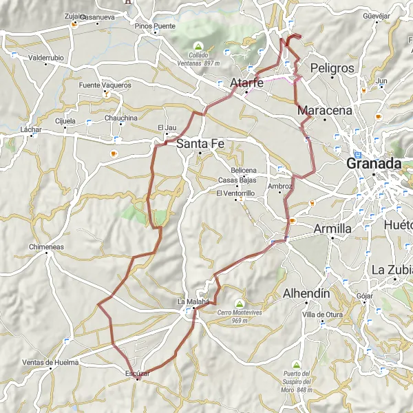 Miniatura della mappa di ispirazione al ciclismo "Tour in bicicletta in gravel nei dintorni di Peligros" nella regione di Andalucía, Spain. Generata da Tarmacs.app, pianificatore di rotte ciclistiche