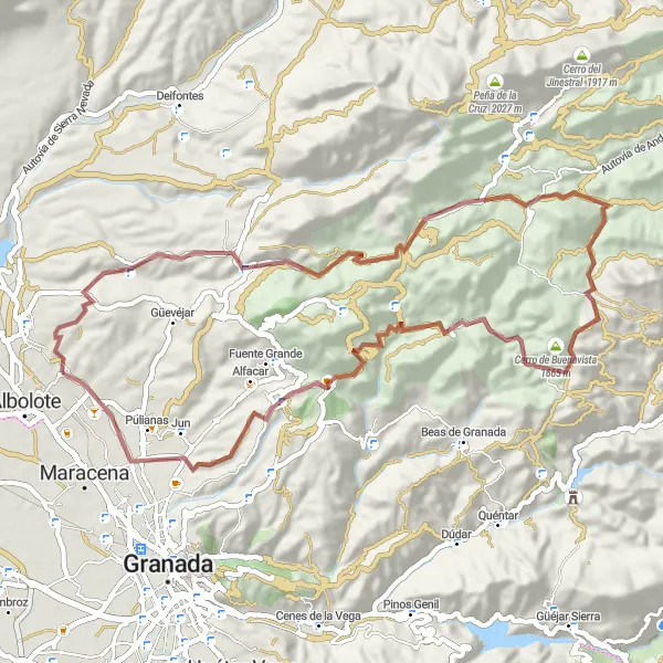 Miniatura della mappa di ispirazione al ciclismo "Percorso in gravel a Peligros" nella regione di Andalucía, Spain. Generata da Tarmacs.app, pianificatore di rotte ciclistiche