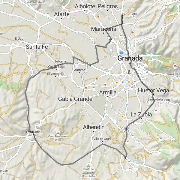 Miniatura della mappa di ispirazione al ciclismo "Giro Panoramico tra Granada e Colline" nella regione di Andalucía, Spain. Generata da Tarmacs.app, pianificatore di rotte ciclistiche