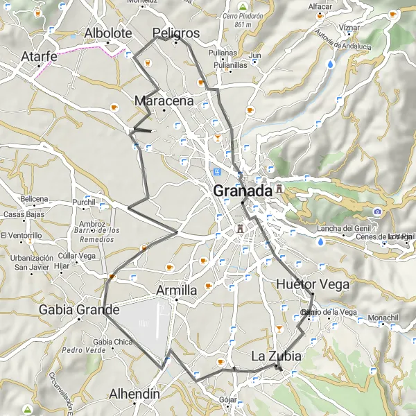Miniatura della mappa di ispirazione al ciclismo "Panorami di Granada" nella regione di Andalucía, Spain. Generata da Tarmacs.app, pianificatore di rotte ciclistiche