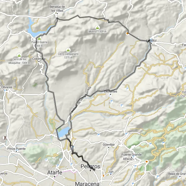 Miniatura della mappa di ispirazione al ciclismo "Giro in bicicletta da Peligros" nella regione di Andalucía, Spain. Generata da Tarmacs.app, pianificatore di rotte ciclistiche