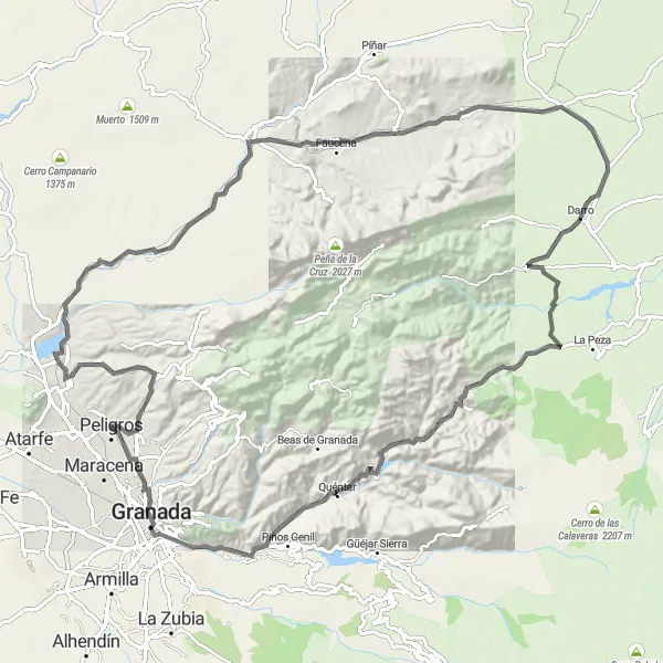 Miniatura della mappa di ispirazione al ciclismo "Giro in bicicletta da Peligros a Granada" nella regione di Andalucía, Spain. Generata da Tarmacs.app, pianificatore di rotte ciclistiche