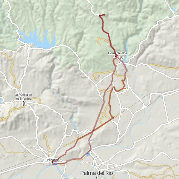 Miniatuurkaart van de fietsinspiratie "Avontuurlijke gravelroute naar Castillo de Hornachuelos" in Andalucía, Spain. Gemaakt door de Tarmacs.app fietsrouteplanner