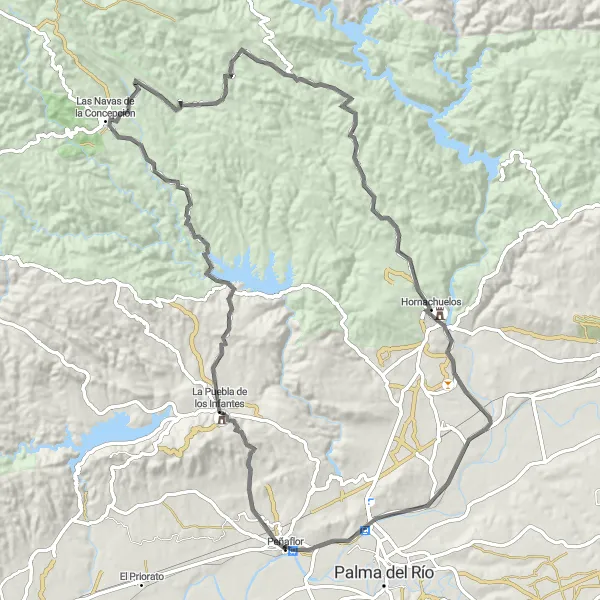 Map miniature of "The Hidden Villages of Peñaflor" cycling inspiration in Andalucía, Spain. Generated by Tarmacs.app cycling route planner