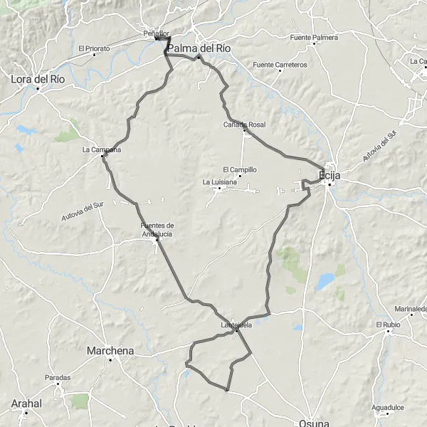 Miniature de la carte de l'inspiration cycliste "Ruta de las Maravillas de Peñaflor" dans la Andalucía, Spain. Générée par le planificateur d'itinéraire cycliste Tarmacs.app