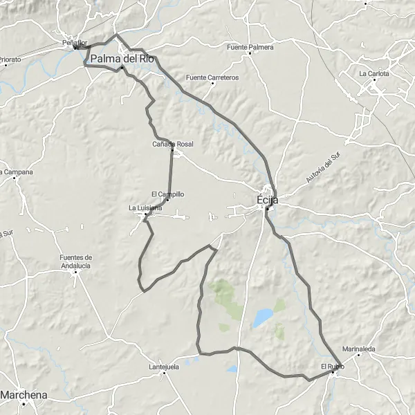 Miniatura mapy "Przejażdżka szosowa przez urozmaicone tereny" - trasy rowerowej w Andalucía, Spain. Wygenerowane przez planer tras rowerowych Tarmacs.app