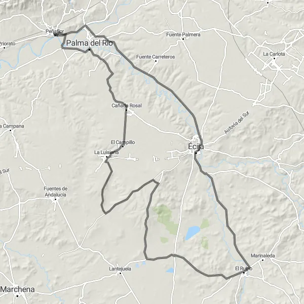 Miniatuurkaart van de fietsinspiratie "Scenic Road Cycling van Écija naar Palma del Río" in Andalucía, Spain. Gemaakt door de Tarmacs.app fietsrouteplanner