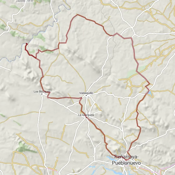 Miniatura della mappa di ispirazione al ciclismo "Gravel tra Peñarroya-Pueblonuevo e La Granjuela" nella regione di Andalucía, Spain. Generata da Tarmacs.app, pianificatore di rotte ciclistiche