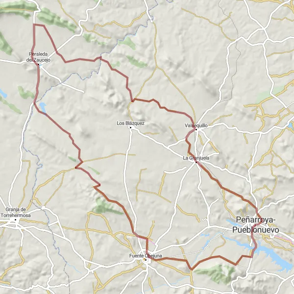 Miniatura della mappa di ispirazione al ciclismo "Tour in bicicletta da Peñarroya-Pueblonuevo a La Granjuela su strade sterrate" nella regione di Andalucía, Spain. Generata da Tarmacs.app, pianificatore di rotte ciclistiche