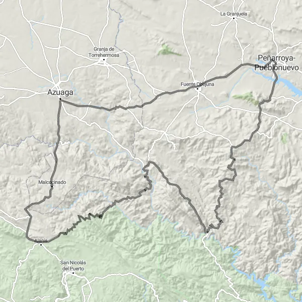 Miniaturní mapa "Výzva kolem Peñarroya-Pueblonuevo" inspirace pro cyklisty v oblasti Andalucía, Spain. Vytvořeno pomocí plánovače tras Tarmacs.app